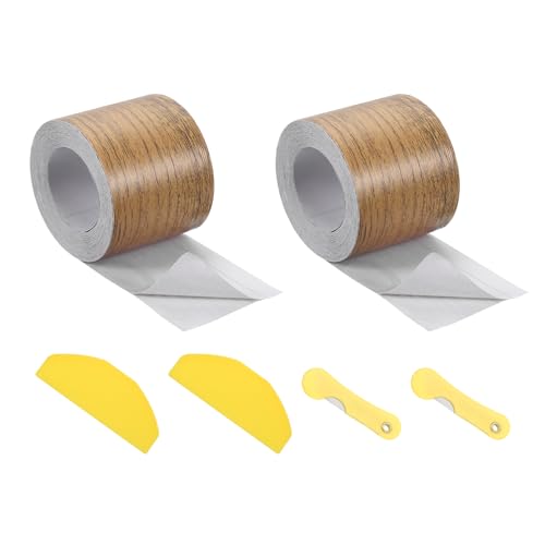 Image of uxcell 2 Roll Wood Grain Tape, 1.97 inch x33 Ft Realistic Textured Repair Tape Self Adhesive Wood Textured Patch with Tool for Floor Wall Door Table Cabinets Furniture Home Decor(Coffee Color)