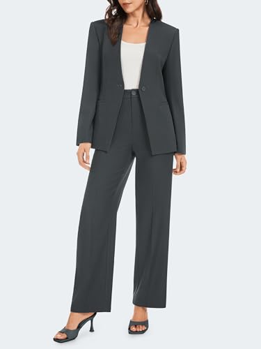 Women's 2 Piece Business Casual Outfits Collarless Blazer Jacket Wide Leg Work Pants Dressy Suit Set2