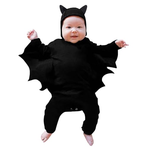 Genérico Disfraz de murciélago para bebé, mi traje de Halloween, disfraz para recién nacido, niño y niña, mono de manga larga de murciélago negro con sombreros, Cosplay Halloween Ropa