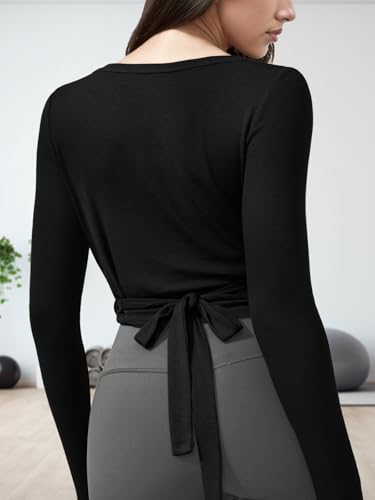 LIWEIKE Women's Ballet Wrap Top Long Sleeve Cross Wrap Tie Workout Cover Up Deep V Neck Slim Fit Pilates Yoga Wrap Shirts2