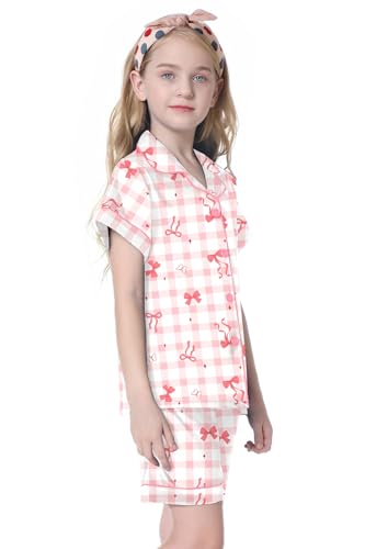 Image of Umeyda Women & Girls Pajamas Set, Soft Satin Lightweight Silk Button-Down Top with Shorts 2 Piece PJS for Mom Boys Kids Gifts