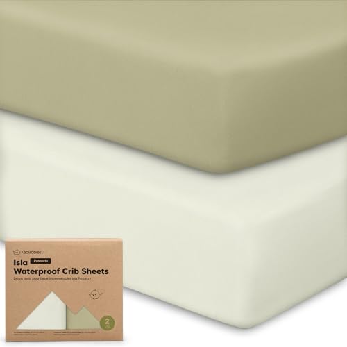 Image of 2-Pack Waterproof Baby Crib Sheets for Boys, Girls - 52x28 Viscose Derived from Bamboo Toddler Bed Sheet Neutral, Fitted Crib Mattress Protector Cover for Baby Bedding, Soft & Gentle (Oregano)
