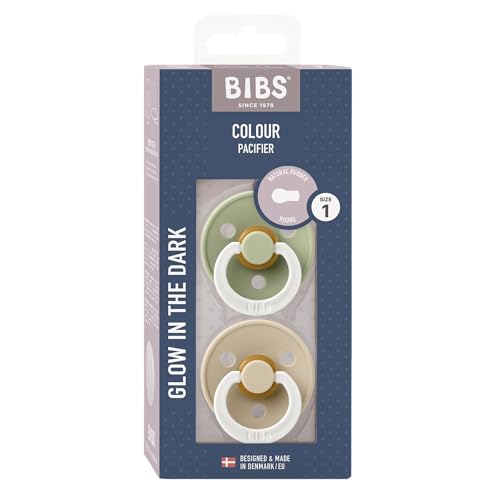 BIBS Colour Glow - Pack de 2 chupetes sin BPA, brilla en la oscuridad, forma de cereza, pezón, caucho natural/látex, fabricado en Dinamarca, talla 2 (0-6 meses). Sage Glow/Vanilla Glow