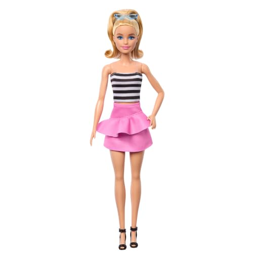 Image of Barbie Fashionistas Doll #213, Blonde with Striped Top, Pink Skirt & Sunglasses, 65th Anniversary Collectible Fashion Doll