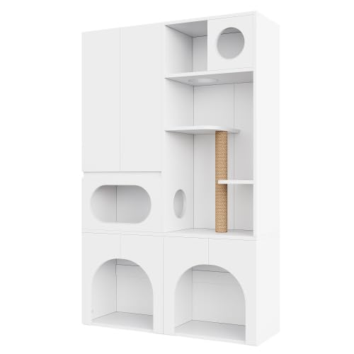 Armario de arena de 195 cm, 2 bandejas con rascador sisal, color blanco