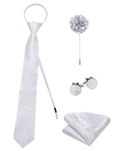 Image of Hi-Tie Zipper Ties for Men White Paisley Adjustable Pre-Tied Necktie Lapel Pin Pocket Square Cufflinks Set