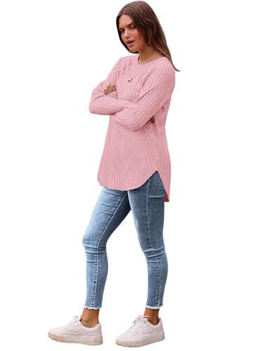 Image of Saloogoe Long Sleeve Shirts for Women 2025 Fall Clothes Tunic Tops Loose Fit Dressy Crewneck Pullover Sweaters Curved Hem