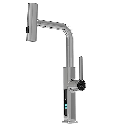 Robinet de cuisine LED extractible cascade mitigeur blanc chrome eau chaude froide 360