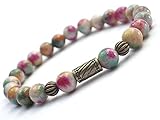  Pulsera de mujer vintage tibetana en perlas naturales de jade teñidas en verde, rojo y blanco
