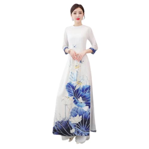 Chinese Style Two Piece Set Women Long Tops Pant Suits Pink White Slim Casual Vintage Harajuku Ao Dai Vietnam 2022 Printed (White,XL,Alpha)