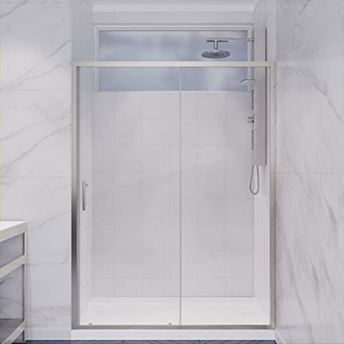 72 x 48 inch Framed Shower Door in Brushed Nickel | Halberd Water Repellent Glass Shower Door with Seal Strip Parts | Easy Gilde Rollers Sliding Shower Door | SD-AZ052-01BN