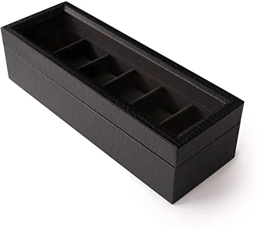 Case Elegance (ケースエレガンス) 時計ケース 6本 収納ボックス 腕時計 ケース ガラス天板 合皮 クロコダイル革加工 (ブラック, 6スロット)