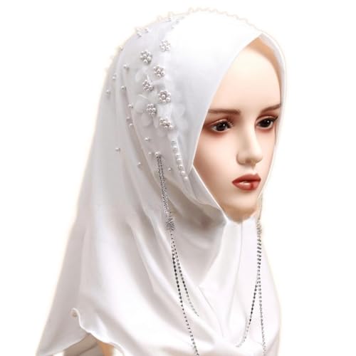TINAYAUE Adult Muslim Hijab Women’s Ice Silk Soft Islamic Head Wrap Scarf Shawl Hijab Bead Flower Necklace Instant Turbans2
