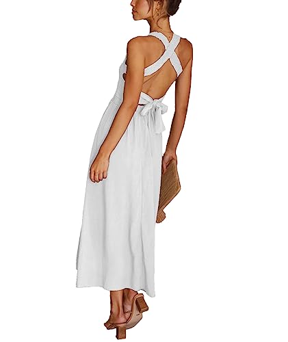 Image of Sexyshine Women's Square Neck Halter Lace Up Criss Cross Maxi Dress Tie Back Sleeveless Smocked Ruched A Line Dress