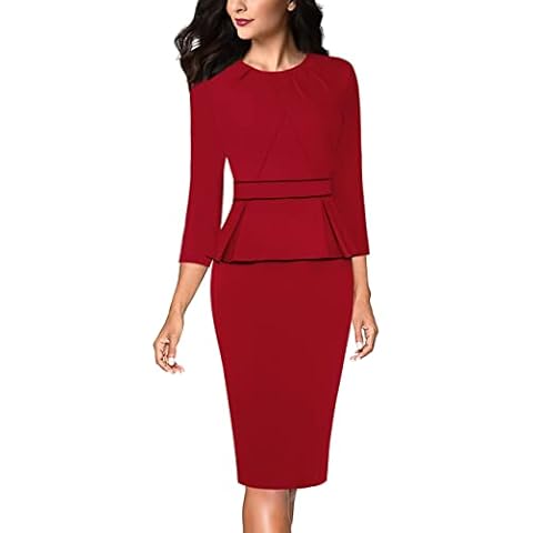 VFSHOW Womens Red Pleated Crew Neck Peplum Slim Work Business Office Party Bodycon Pencil Sheath Dress 8278 RED L Cover