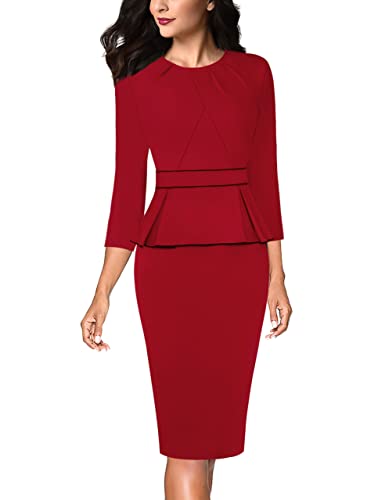 Image of VFSHOW Womens Pleated Crew Neck Peplum Slim Work Business Dress Elegant 3 /4 Sleeves Office Church Bodycon Pencil Sheath Dress