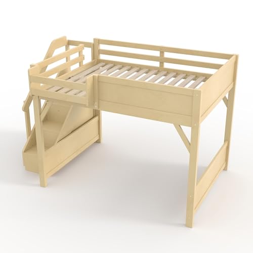 Image of KEIKI Solid Wood Full Size Loft Bed Frame with Stairs, Built-in Wardrobe and Storage Space, Full Loft Bed with Shelves, Full-Length Guardrails, No Box Spring Needed for Bedroom, Natural