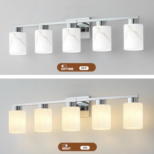 Image of 5-Light Bathroom Light Fixtures, Modern Vanity Lights, Chrome Metal Wall Lamp with White Marble Glass for Bathroom, Mirror, Living Room, Bedroom, Cabinet, Porch, Hallway, E26 Base