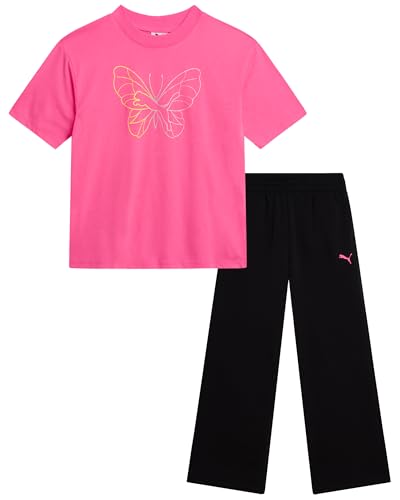 Image of PUMA Girls' Pants Set - 2 Piece Short Sleeve Crewneck Fashion Graphic Tee Shirt and French Terry Flare Pants for Girls (7-14)