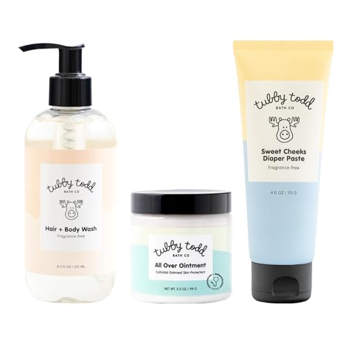 TUBBY TODD Baby Bundle Newborn Skin Care Set – Hypoallergenic Hair + Body Wash, All Over Ointment with Colloidal Oatmeal, Sweet Cheeks Diaper Paste – Fragrance Free, Standard Size