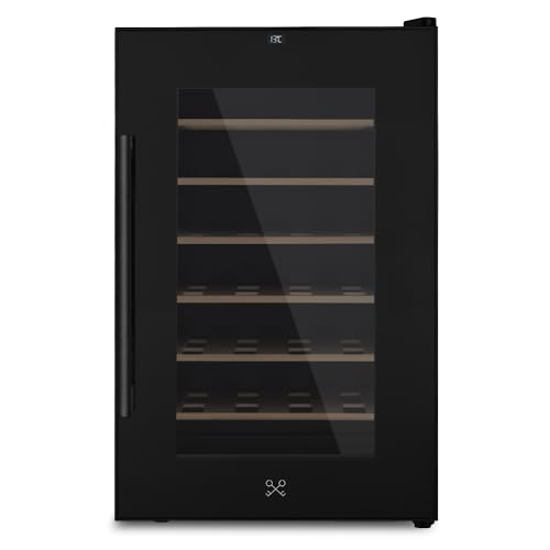 LES PETITS CHAMPS Cave à Vin de Conservation de 28 bouteilles CAVCB28 Black Edition, 70L, 6 Etagères, Réglable de 11 à 18°C, Refroidissement Thermoélectrique, Design Elégant, LED, Anti-UV