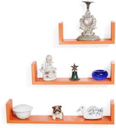 Image of DECORVISTA Wooden Handcrafted Wall Shelf Beautiful Floating Wall Racks Shelves Living & Bed Room Decor U Shaped Set of 3 (Multi) (Orange)
