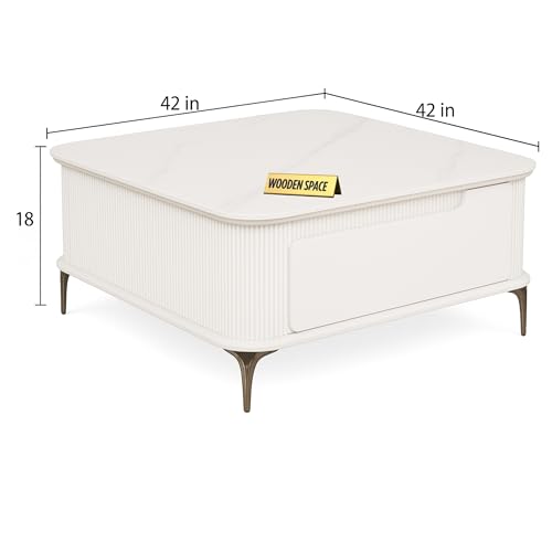 Image of WOODEN SPACE Premium Solo Marble-Top Wooden Center Table for Living Room | Iron Legs | PVD Coating | Modern Entryway Furniture | Coffee Table (White)