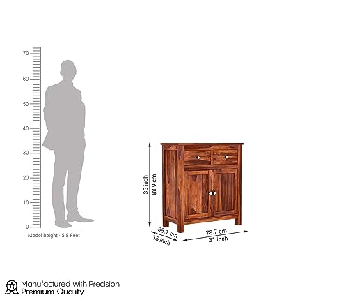 Image of Solid Sheesham Wood Wooden Sideboard Storage Cabinet : Ideal for Living Room and Bedroom with 2 Drawers and 2-Shelf Storage (Clovis, Honey Finish)