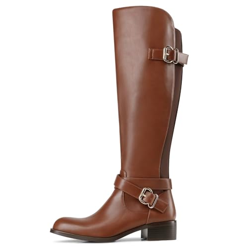 Knee High Boots For Women Round Toe Fashion Riding Metallic Buckles Low Block Heel Tall Boots2