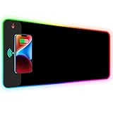 Lauspuck RGB Gaming Mouse Pad with Wireless Charging, Large LED Mouse Pad with 10 Light Modes, Extended Keyboard Pad Non-Slip Rubber Base,Waterproof Desk Pad for Home Office, Black