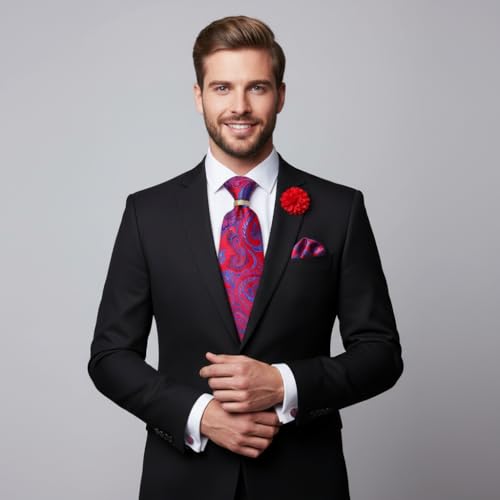 Image of 5PCS Tie and Pocket Square for Men, Silk Necktie and Handkerchief Cufflinks with Gold Ring and Lapel Pin Set