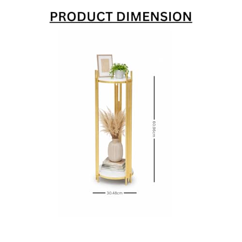 Image of Modern Gold Plant Stand 2 Tier | Metal Flower Pot Stand with Marble Finish Shelves | Decorative Corner Plant Holder for Living Room, Bedroom & Balcony