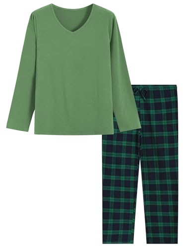 Latuza Women's Petite Pajama Set Petite Length V Neck Knit Top Flannel Pants