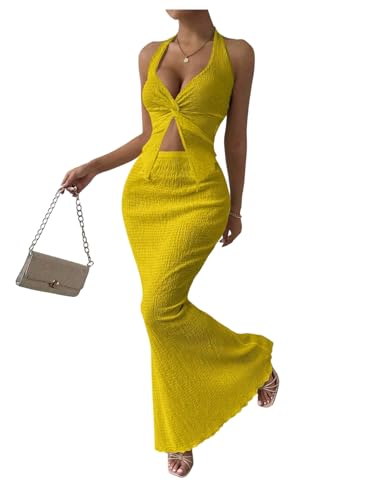 Image of SOLY HUX Women's Two Piece Outfits Twist Front Halter Cami Tops and Skirt Summer Set