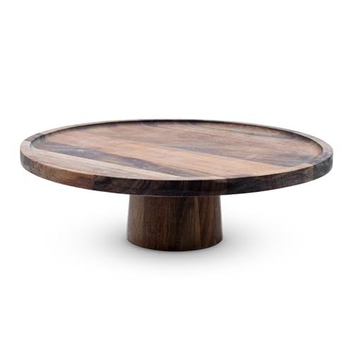 Plateau de table rond en bois d'acacia sur pied - 30 cm - Support de service en bois massif marron avec bord - Plateau décoratif pour fruits et pâtisseries