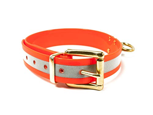 Mystique® Biothane Schweisshalsband 25mm Reflex orange Gold Messing 35-45cm
