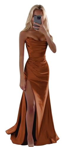 Silk Satin Prom Dress Strapless Long with Slit 2025 Cowl Neck Mermaid Formal Evening Gowns Burnt Orange 10