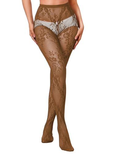 ShawGobow Patterned Tights With Designs Floral Lace Stockings For Women Goth Fishnets Costume Concert Brown