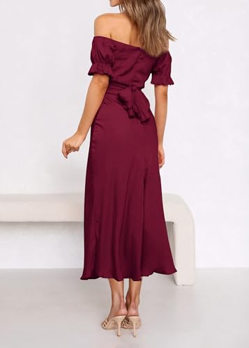 Image of KIRUNDO Women's Satin Summer Wedding Guest Cocktail Dress | 2026 Spring Fall Party Midi Dress, Silky, Elegant Off Shoulder Short Sleeve, Ruffle Mermaid Hem, Wrap Prom Formal Outfits