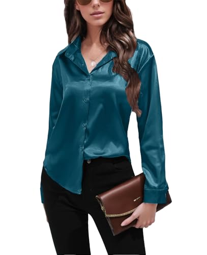 Generic Satin Seidenbluse 2025 Langarm Türkis