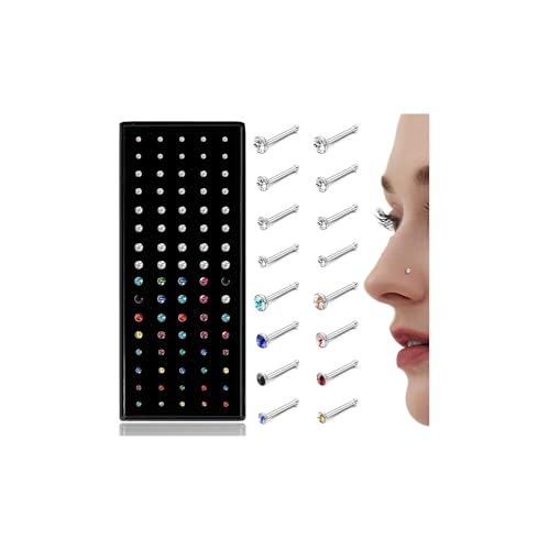 LOLIAS 𝟖𝟎-𝟏𝟔𝟎𝐏𝐜𝐬 Nose Rings Studs for Women Men - Straight or L Shaped Surgical Stainless Steel Small Nose Studs Pin - Hypoallergenic 20G 22G Tiny Nose Piercing Jewelry 1.5/2/2.5/3 mm CZ