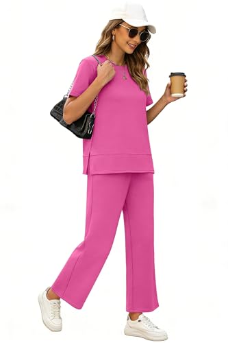 Image of XIEERDUO Women's Side Slit Lounge Sets 2026 Fashion 2 Piece Travel Outfits Cozy Loungewear Wide Leg Tracksuits S-3XL
