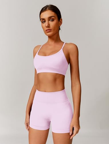 IMEKIS 2 Teilig Gym Set Damen Sportanzug Crossback Sportbh mit Hohe Taille Yoga Shorts Fitness Sportbekleidung Workout Jogging Pilates Outfit Rosa S