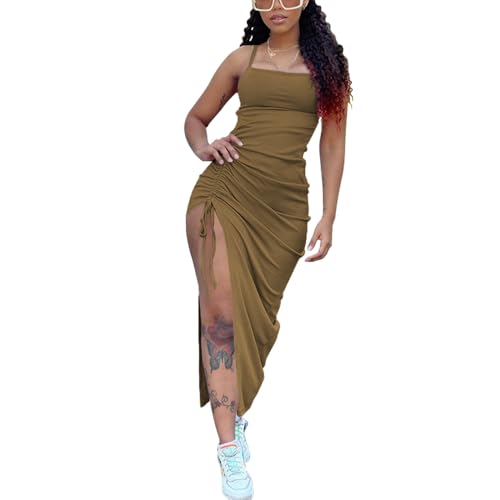 Image of Nimsruc Womens Sexy Summer Dresses Spaghetti Strap Thigh-high Slit Ruched Bodycon Maxi Club Cocktail Party Dress Brown XL