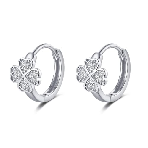 SLUYNZ Sterling Silver Small Clover Leaf Hoop Earrings for Women Teens CZ Clover Leaf Flower Hoop Earrings
