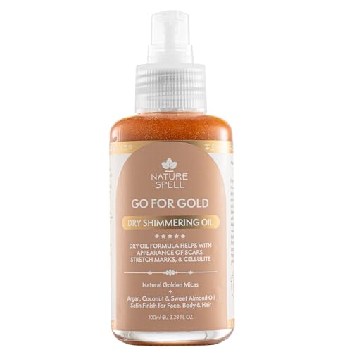 Nature Spell Dry Shimmering Oil for Body and Face, Lightweight Moisturizer with Glowy Finish, Infused with Argan and Coconut Oils, Vegan, For All Skin Types, 3.38 Fl Oz