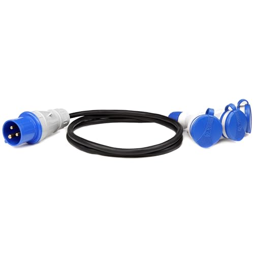 KEL Camping CEE Adapter Gummi Verlängerungssteckdose 1,5m - 3-Fach Kupplung 230V / 16A Dreifach-Schuko-Steckdosen, Kabelquerschnitt 3 x 2,5, IP44 für den Außeneinsatz, Camping, Caravan und Wohnwagen