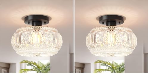 Image of Semi Flush Mount Ceiling Light, Globe Glass Ceiling Light Fixture, Black Modern Lighting for Hallway Porch Corridor Kitchen Bedroom, Bulb Not Included (Pack of 2)