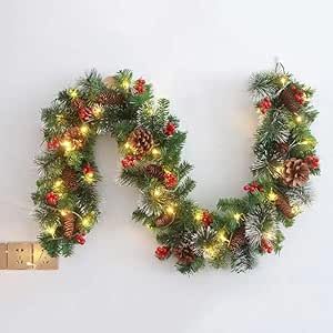 6FT Pre-Lit Artificial Christmas Garland,1.8M Christmas Garland Decoration with 50 LED Light and Pine Cone Baubles for Xmas Tree Fireplaces Stairs Doors Xmas Tree Garden Yard Decor