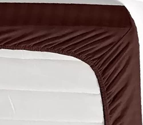 Image of KAWI Satin Cotton 220 TC Striped Elastic Fitted Bedsheet Queen Size (78X72XUp To 6 Inches Mattress)-Brown Color